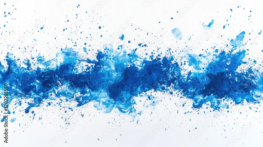 Poster Blue abstract watercolor splashes on white background with dynamic texture and Copy Space for text placement.
