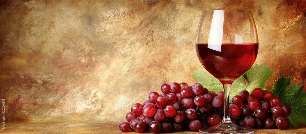 Poster Red wine glass with fresh grapes on rustic background and Copy Space for text placement