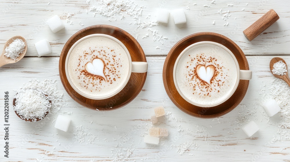 Poster coffee cups with heart latte art on wooden table surrounded by sugar cubes shredded coconut and wood