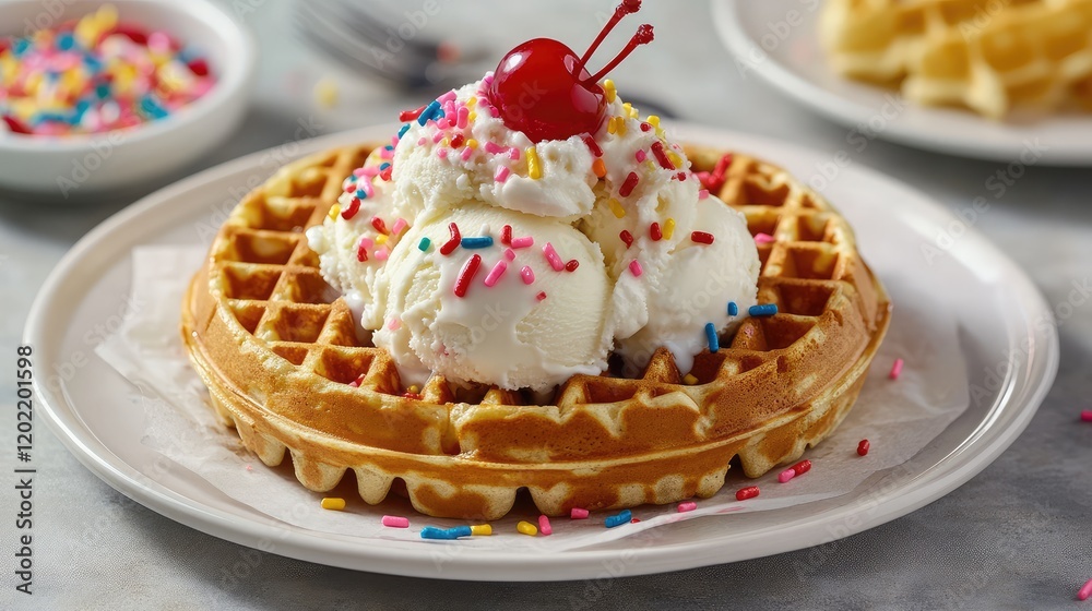 Poster waffles topped with ice cream whipped cream and cherries sprinkled with colorful confetti on a white