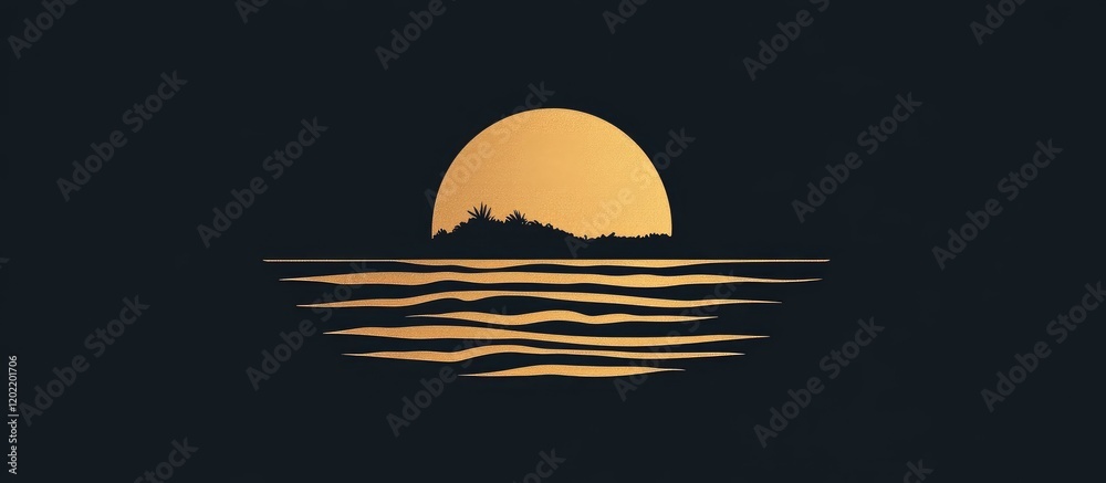 Aufkleber minimalistic sunset silhouette over calm water with copy space for text. warm gold and dark color pa