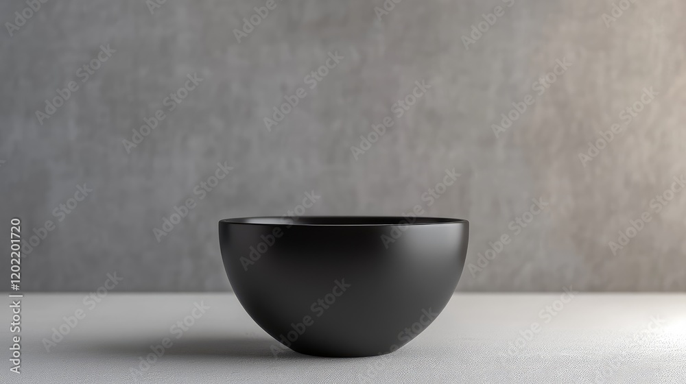 Poster black ceramic bowl on a textured gray background with soft lighting and ample copy space for text or
