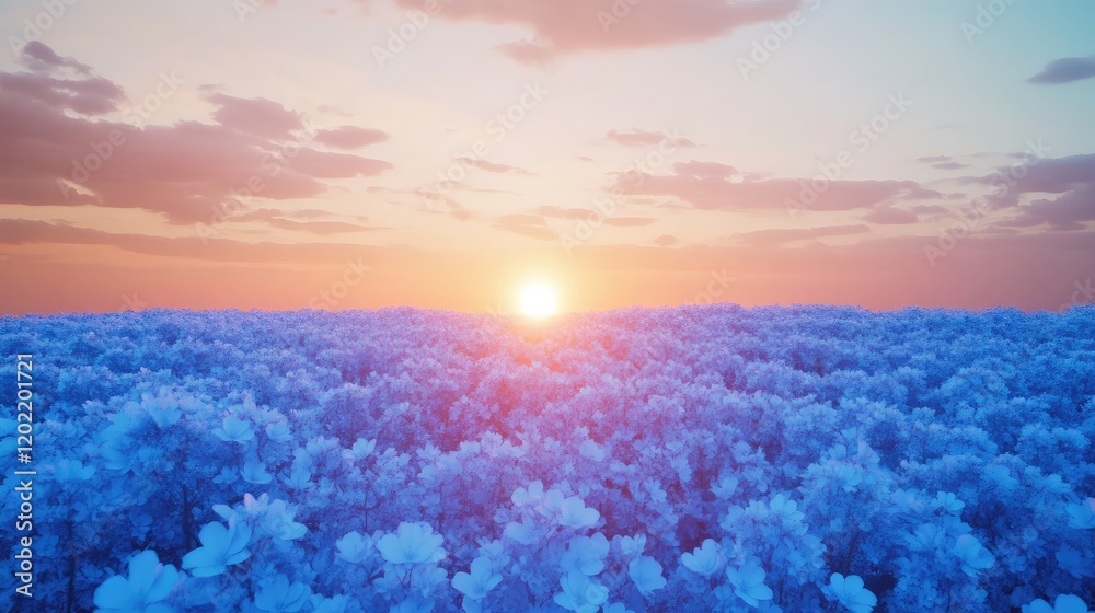 Poster Vibrant sunset over a field of blue flowers with soft clouds and ample copy space for text placement