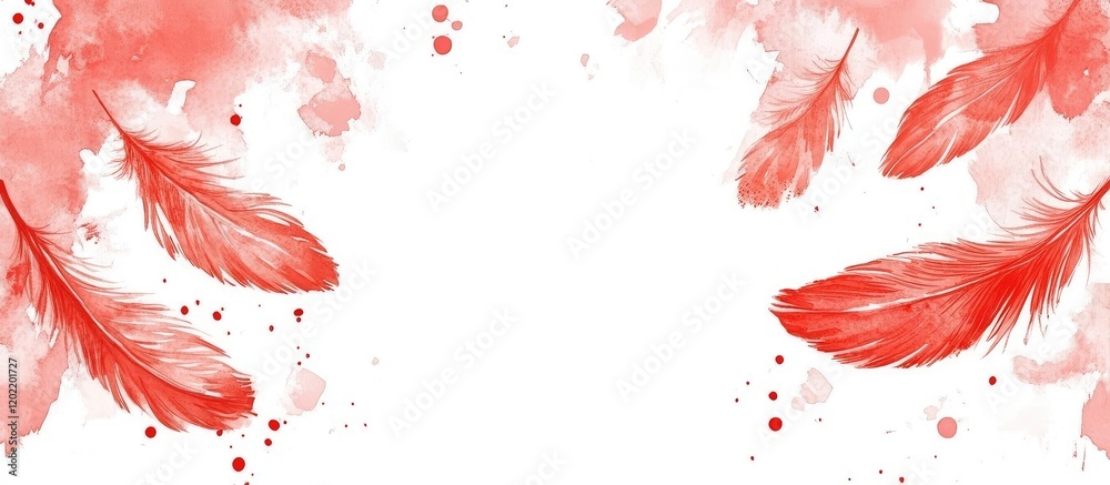 Poster Red watercolor feathers with splashes on a white background creating a decorative border with ample copy space.