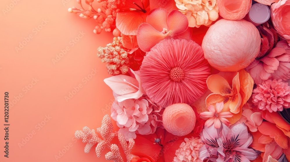 Poster colorful floral arrangement in shades of pink and coral with textured petals and organic elements on