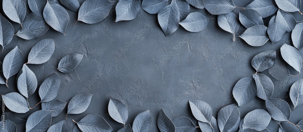 Poster Dark gray leaves arranged around a textured surface with ample copy space for text placement.