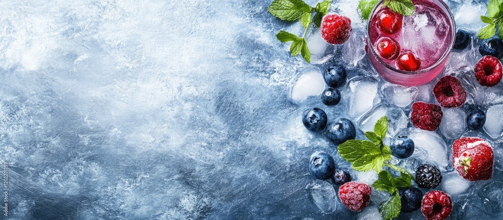 Poster Fresh berries and mint leaves surrounding a refreshing drink on ice with Copy Space for text placement