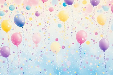 Colorful balloons and confetti floating in a festive celebration atmosphere