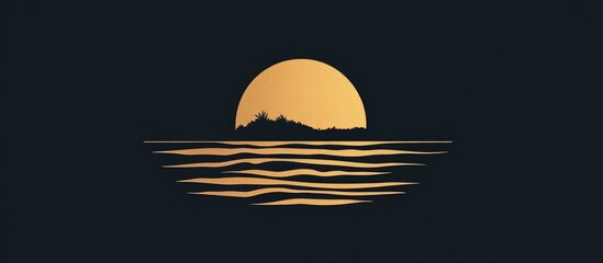 Minimalistic sunset silhouette over calm water with copy space for text. Warm gold and dark color palette, abstract design elements.