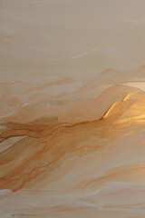 Art Oil and Acrylic wave line brush stroke smear blot hand drawn landscape painting wall. Abstract texture beige, Gold, bronze glow color background.