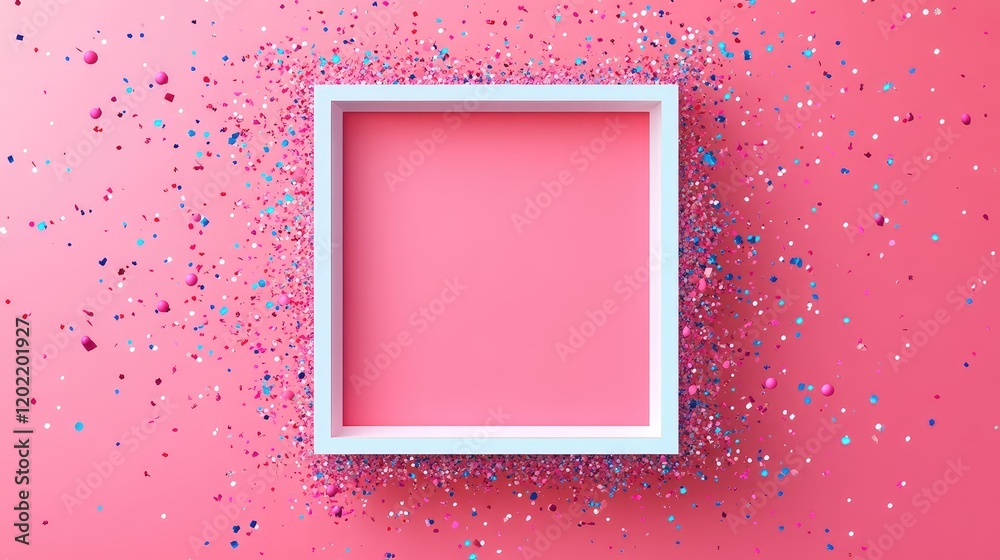 Poster Square white frame with colorful glitter and confetti on a pink background with empty space for text or images. Copy Space.