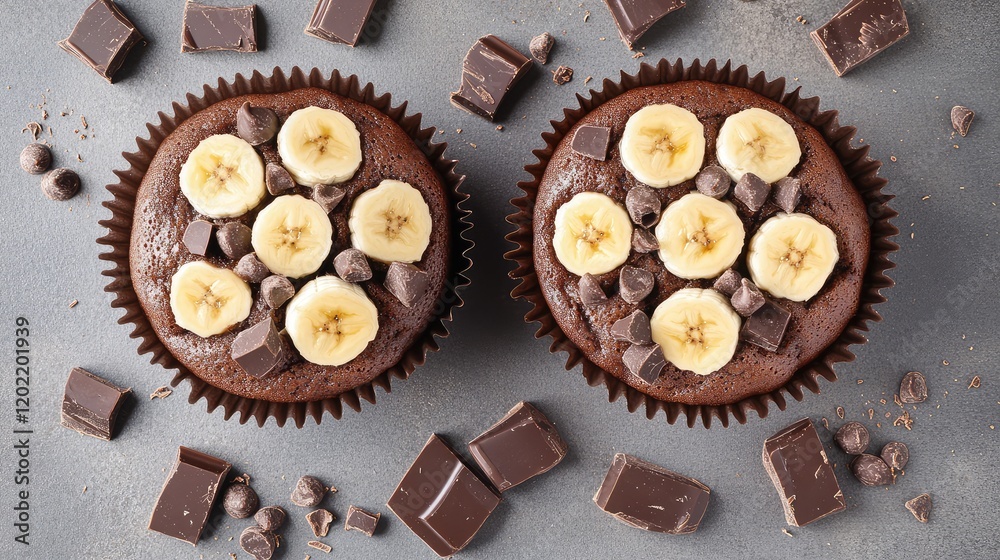 Poster chocolate banana cupcakes with chocolate chips and banana slices on top arranged on a gray surface w
