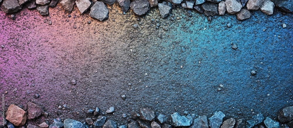 Aufkleber Colorful gradient background with wet pavement and scattered stones creating a textured frame Copy Space