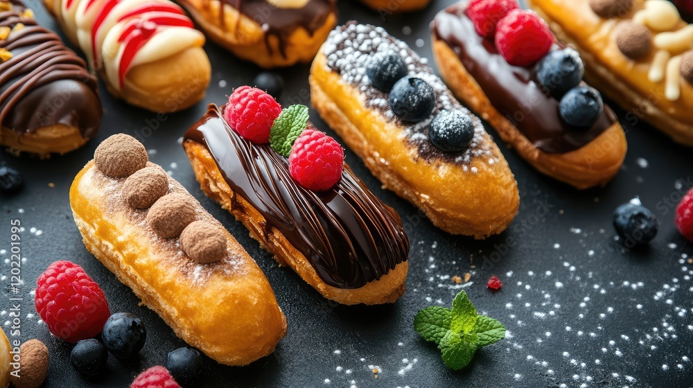 Poster colorful assortment of gourmet ã©clairs topped with berries and chocolate drizzles on a dark slate b