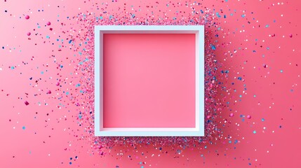 Square white frame with colorful glitter and confetti on a pink background with empty space for text or images. Copy Space.