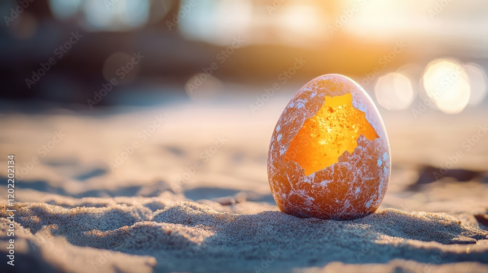 Poster colorful cracked eggshell illuminated from inside on a sandy beach with sunlight and bokeh backgroun
