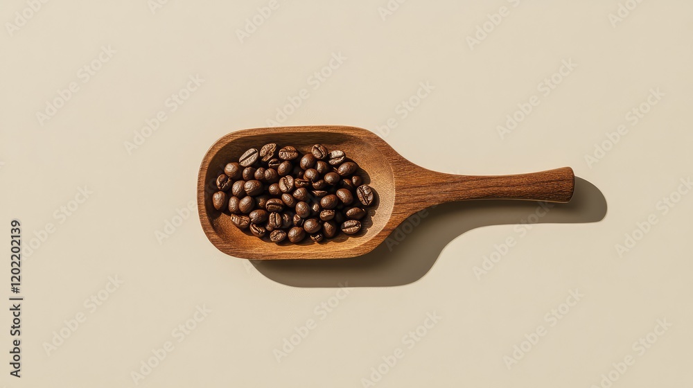 Poster wooden scoop with coffee beans on a neutral background with copy space for text placement