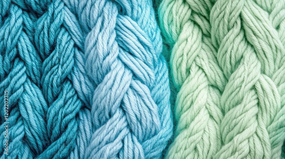 Poster textured close-up of braided yarn in varying shades of blue and green with copy space for text place