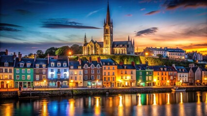 Obraz premium Minimalist Cobh: a tranquil Irish port city at night, cathedral spires silhouetted.