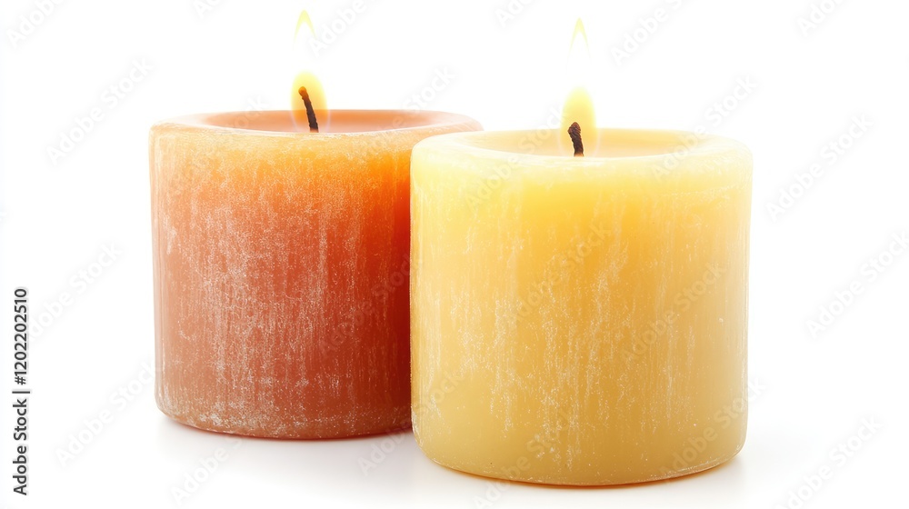Aufkleber two illuminated scented candles in orange and yellow colors with a white background, copy space for 