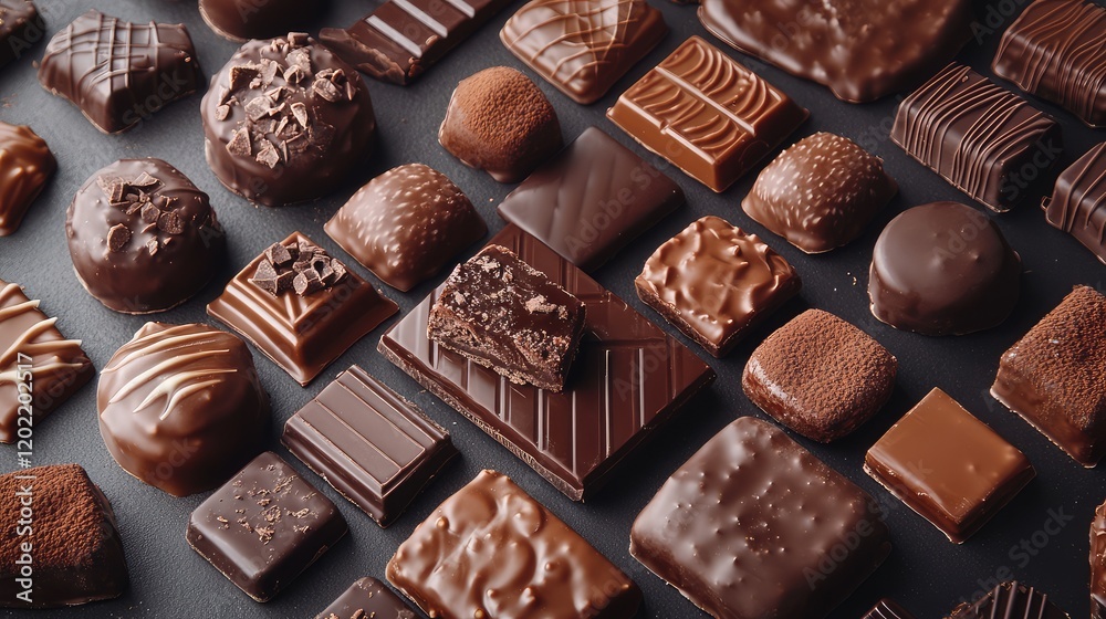 Poster assorted chocolate confectionery assortment on dark background with various shapes and textures copy