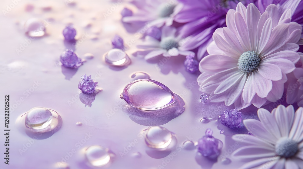 Poster purple flowers and water droplets on a reflective surface with copy space for text placement