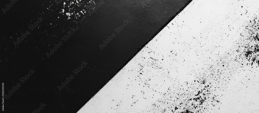 Fototapete Black and white abstract texture with powdery splatters and diagonal division with copy space for text