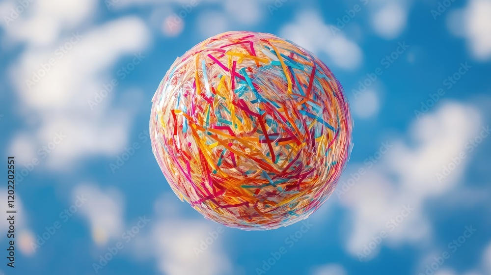 Poster Colorful abstract representation of a sphere with chaotic lines against a blue sky with clouds Copy Space