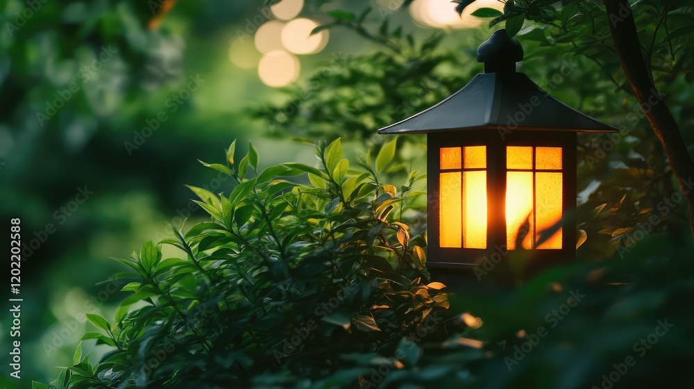 Leinwandbilder Garden lantern illuminated at dusk surrounded by lush greenery showing soft bokeh in background Copy Space