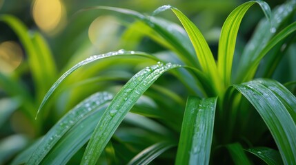 Obraz premium Close-up view of fresh green leaves with water droplets on foliage in natural light Copy Space