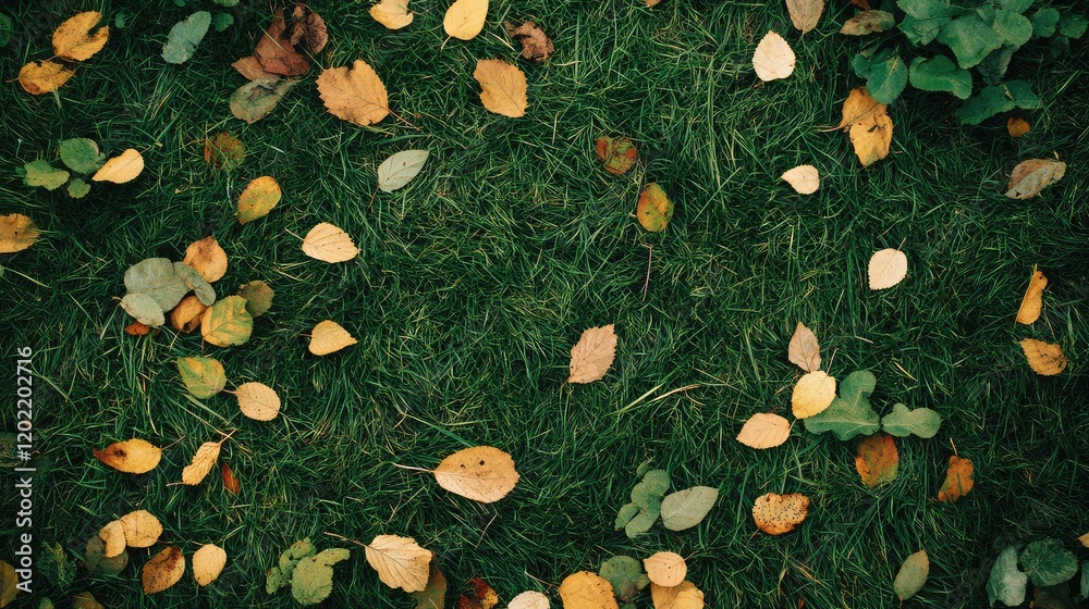 Poster colorful autumn leaves scattered on green grass creating a natural background with copy space for te