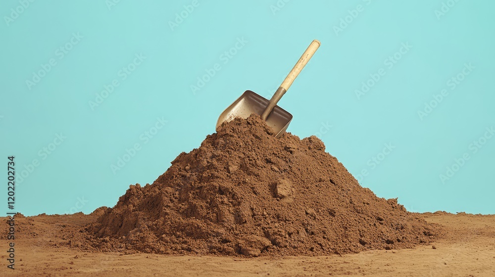 Poster shovel resting on top of a large pile of dirt against a blue background showcasing earthy tones and 
