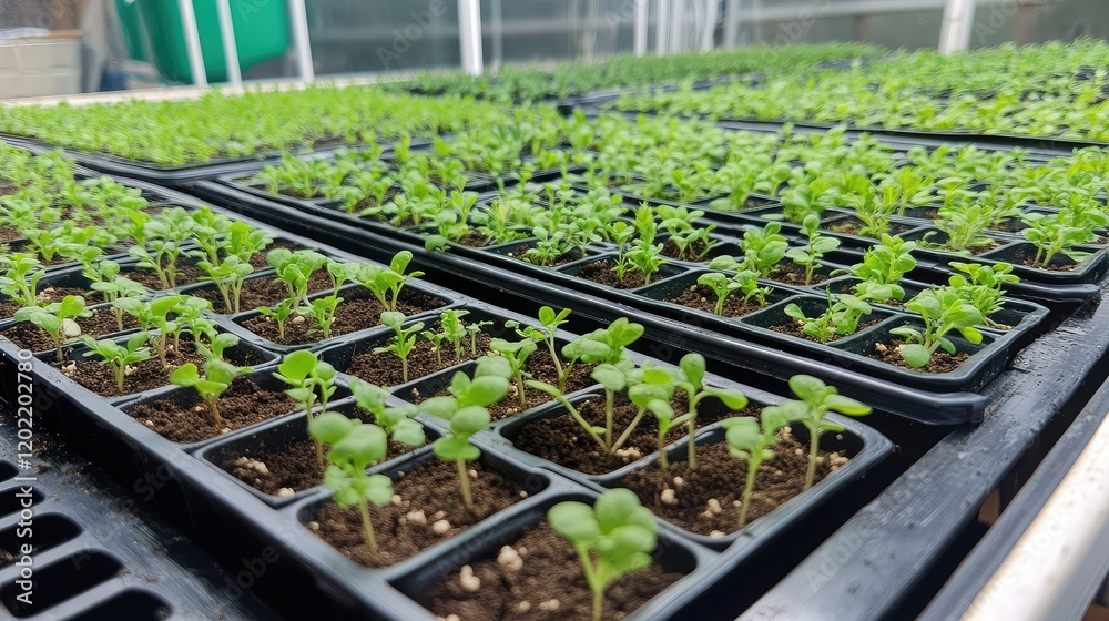Poster greenhouse seedlings on trays in controlled environment with copy space for text