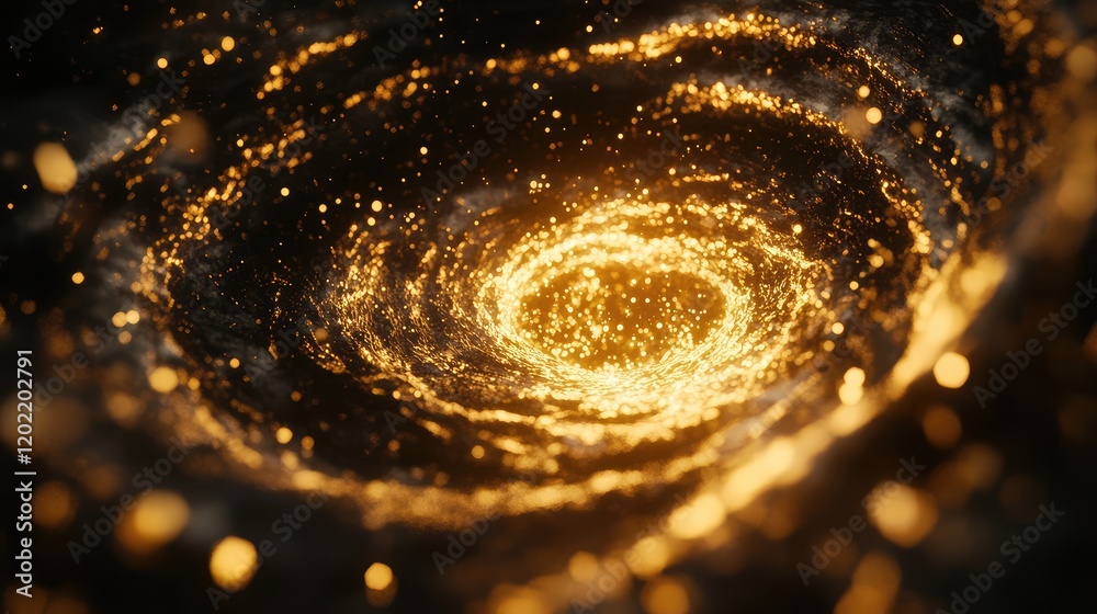 Aufkleber golden swirling galaxy with sparkling particles and dark space background copy space