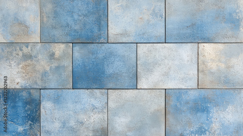 Poster Blue textured tile background with uneven surfaces and various hues of blue and gray, ideal for use as a backdrop with Copy Space.