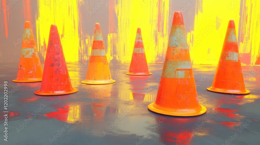 Poster traffic cones arranged in a dynamic setting with colorful background and reflective surface copy spa