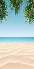 Empty sandy beach, palm branches on top, minimalistic background image, wallpapers for mobile phone, ios, Android, banner for Instagram stories, vertical wallpaper.