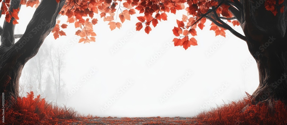 Poster autumn landscape with red foliage framing a foggy white space, perfect for text overlay, copy space 