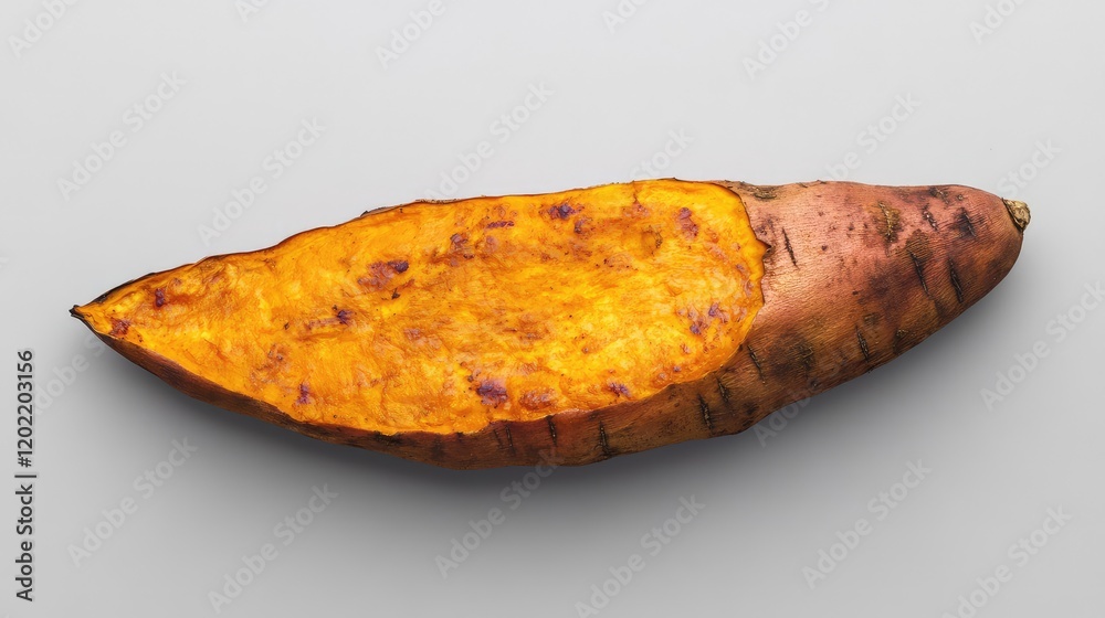 Poster cut open sweet potato showing vibrant orange flesh and rough skin on a gray surface with copy space 