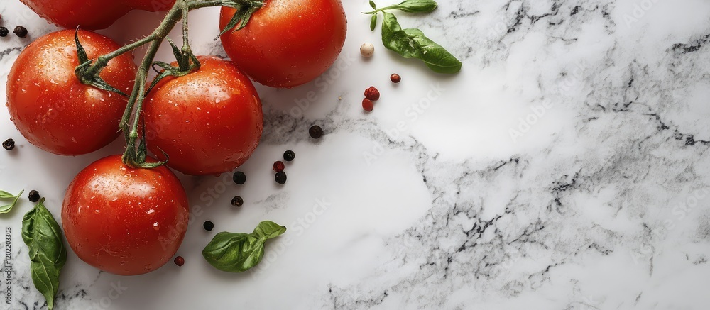 Aufkleber fresh ripe tomatoes with basil leaves and pepper on marble surface with copy space for text