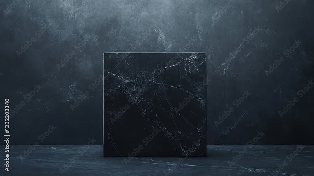 Poster black marble cube on dark textured background with dramatic lighting and copy space for design eleme