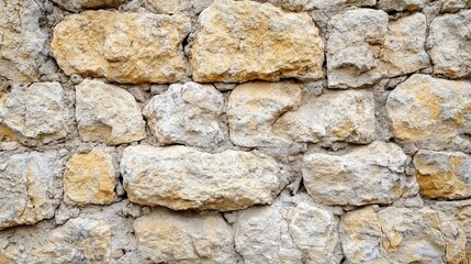 Obraz premium Textured limestone wall with uneven surfaces in beige and gray tones, ideal for background use, with ample Copy Space for text placement.