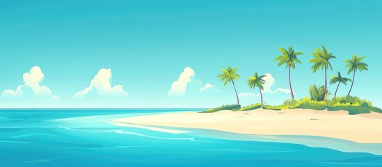 Obraz premium Tropical beach landscape with palm trees and clear blue ocean water in a sunny sky with copy space for text.