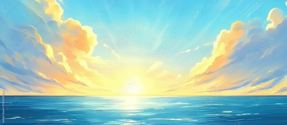 Poster colorful digital illustration of sunrise over calm ocean with dramatic clouds and copy space for tex