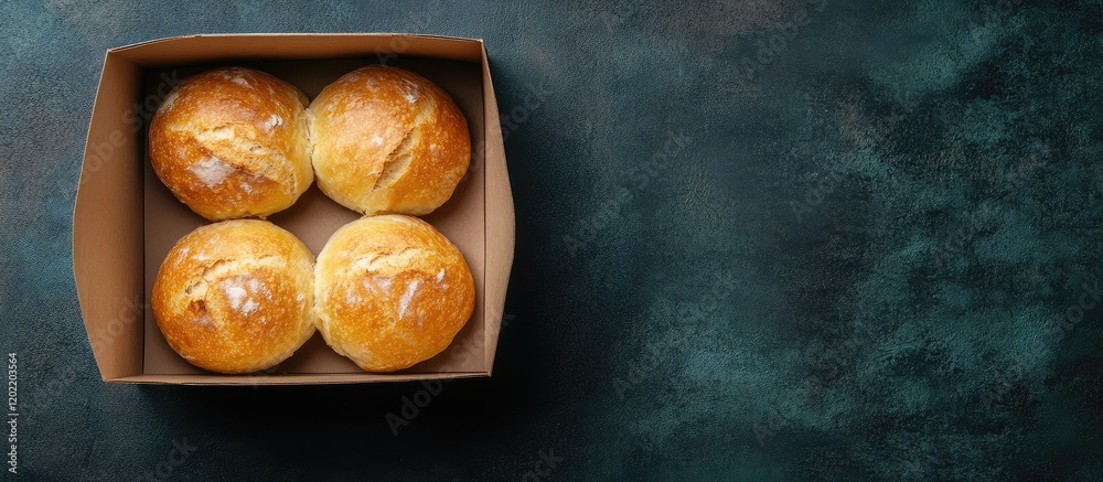 Poster Freshly baked bread rolls in a cardboard box with a dark textured background and copy space for text