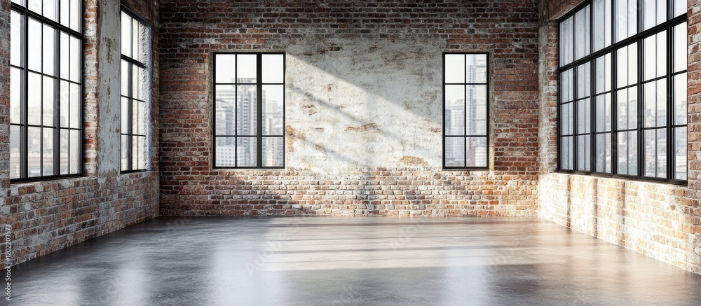 Poster empty industrial room with large windows and exposed brick walls showcasing natural light and concre