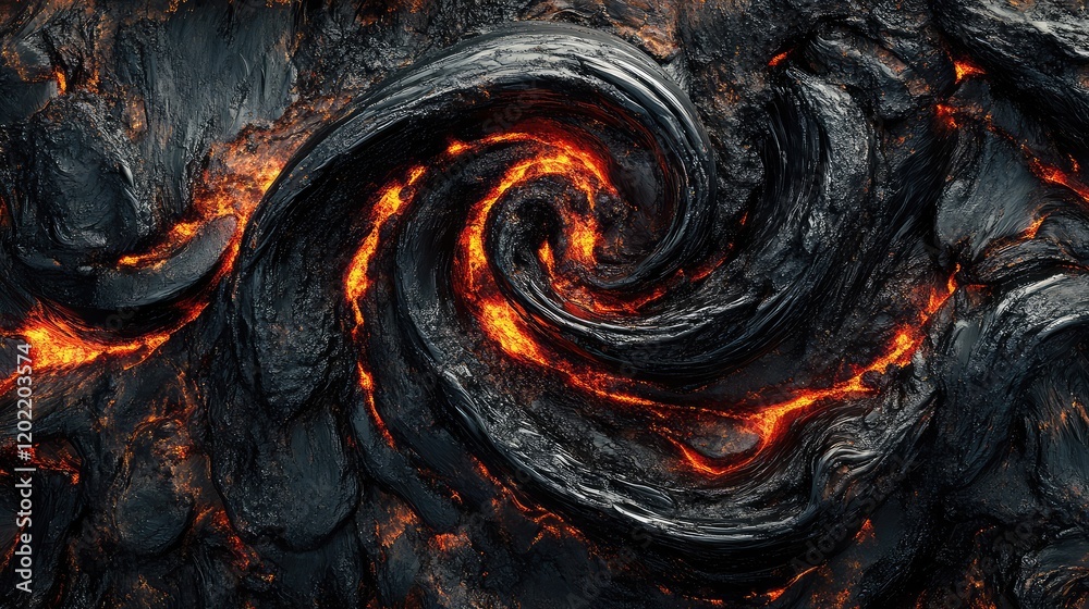 Fototapete Lava flow texture with swirling patterns and glowing orange magma on a dark volcanic surface Copy Space