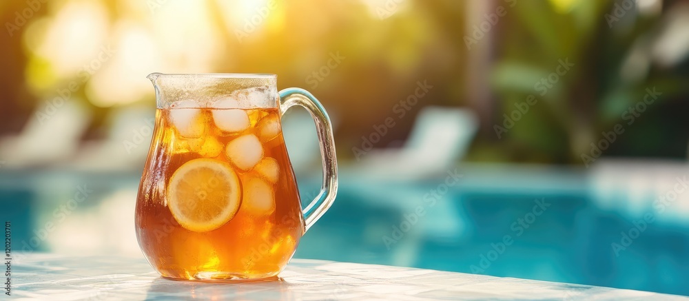 Poster refreshing iced tea in a glass pitcher with lemon slices and ice cubes by a swimming pool during sun