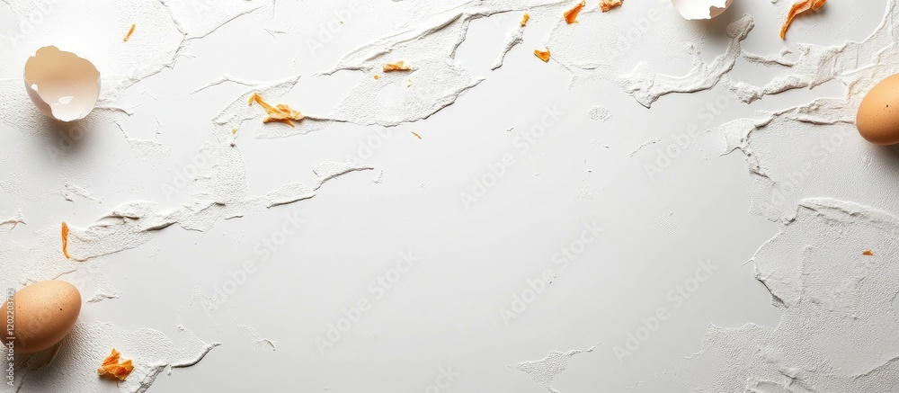 Poster Eggs on a white surface with broken shells and egg yolk visible creating copy space for text placement