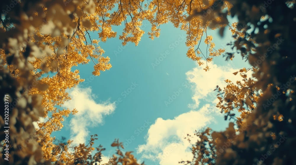 Poster Autumn foliage framing a bright blue sky with clouds and copy space for text in a circular composition